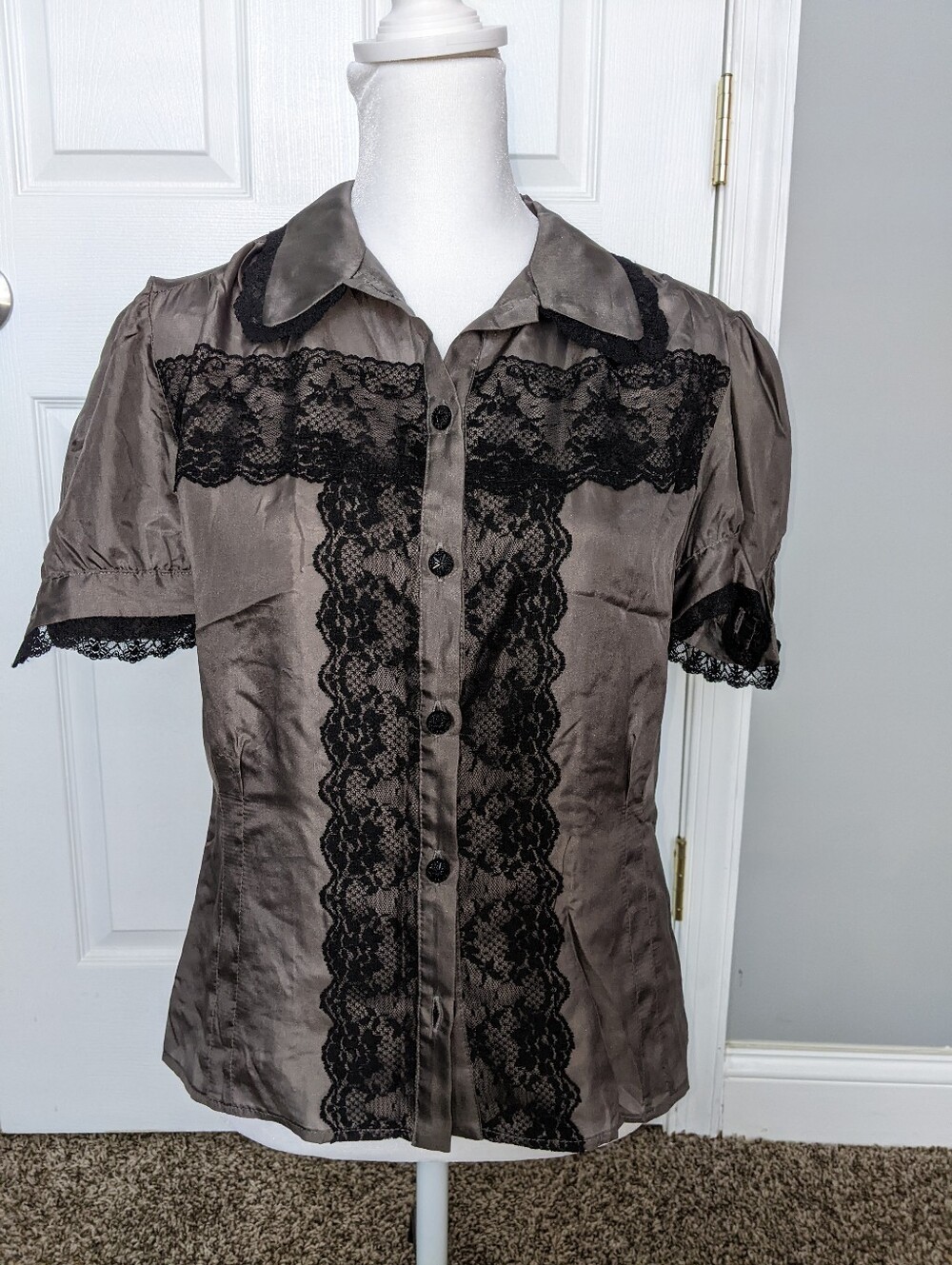 Miguelina Silk Gunmetal Blouse XS NWT